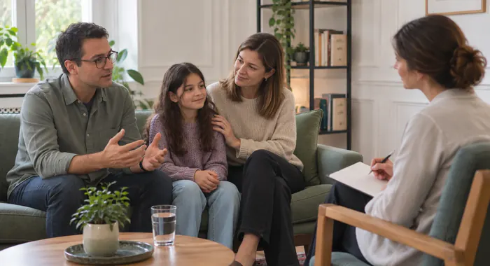 Aile Danışmanlığı: anne, baba ve kızları kanepede oturmuş, not alan psikologla konuşuyor